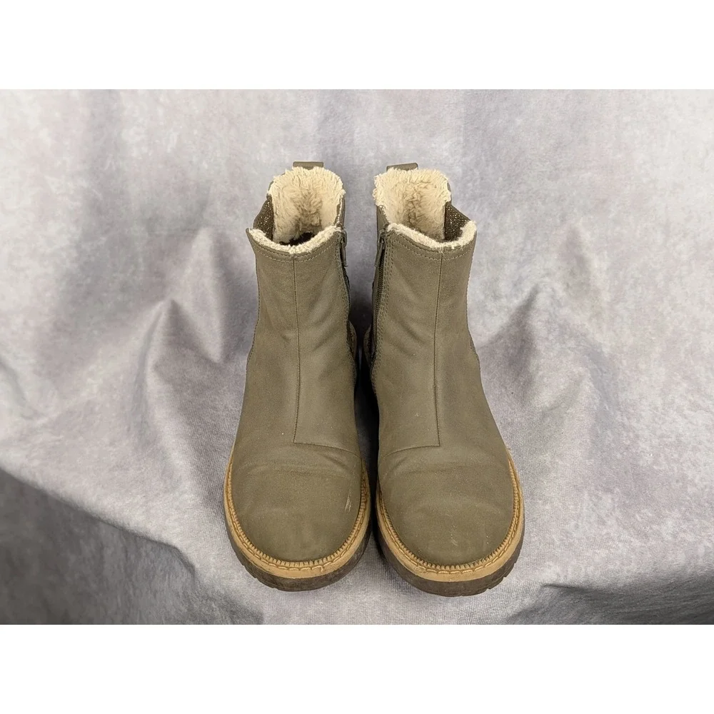 Toms Kids Olive Green Faux Fur Lined Chelsea‎ Boots Side Zip Size 3